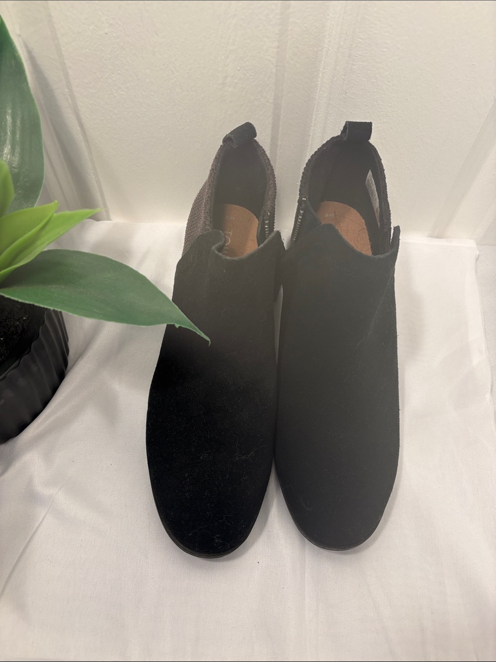 Toms Black Suede-Look Ankle Booties with Brown Knit Panel - Picture 2 of 7
